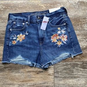 American Eagle Embroidered Floral Denim Mom Shorts